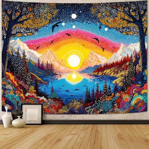 Spenlife Mountain Lake Birds Sunrise Wall Tapestry, Trippy Scenic Landscape Tapestries for Living Room Decor, Peaceful Tapestry 60x44 Inch - color: Orange, size: 60"L x 44"W