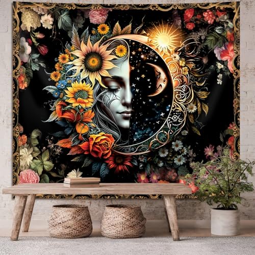 Sun and Moon Tapestry,Psychedelic Mystic Floral Tapestry Wall Hanging Modern Aesthetic Tapestry Hippie Boho Wall Art for Home Decor Bedroom Living Room Wall Decor Gift 59x51in - color: S06-Modern Aesthetic Sun and Moon