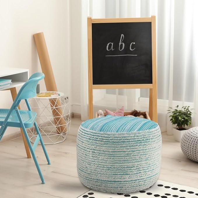 LR Home Indoor Polyester Modern Striped Ottoman Pouf | Aqua/White,18" x 18" x 14"