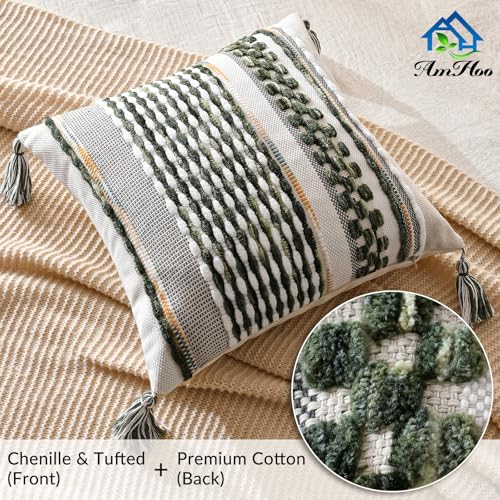 AmHoo Chenille Striped Textured Boho Throw Pillow Covers Aesthetic with Tassels Woven Decorative Pillow Case for Couch Bed Sofa Bedroom Modern Funky 18 x 18-Inch Sage Green - color: Sage Green, size: 18" x 18" (Pack of 1)
