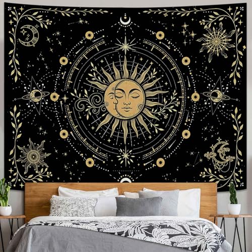 Kanuyee Celestial Sun and Moon Tapestry, Cosmic Stars Wall Tapestry, Bohemian Galaxy Tapestries for Room Decor, Artistic Tapestry 80"x60" - color: Gold Black, size: 80"L x 60"W