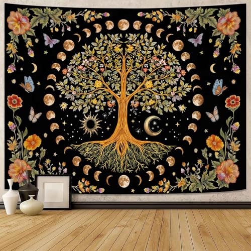 Lunerfex Tree of Life Wall Tapestry - Celestial Moon Phase & Sun Wall Hanging for Bedroom and Living Room Decor - Boho Spiritual Tapestries 60"x44" - color: Black Blue, size: 60"L x 44"W