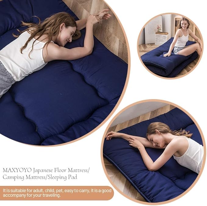 MAXYOYO Japanese Floor Mattress Futon Mattress, Thicken Tatami Mat Sleeping Pad Foldable Roll Up Mattress Boys Girls Dormitory Mattress Pad Kids Floor Lounger Pillow Bed, Navy, King