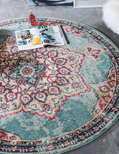 Rugs.com Fleur Collection Rug – 6' Round Light Blue Medium-Pile Rug Perfect for Kitchens, Dining Rooms - color: Light Blue 11, size: 6' (Round)