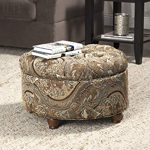 Homepop Home Decor |N8264-F1044 | Large Button Tufted Woven Round Storage Ottoman | Ottoman with Storage for Living Room & Bedroom, Traditional Paisley - color: Brown and Teal