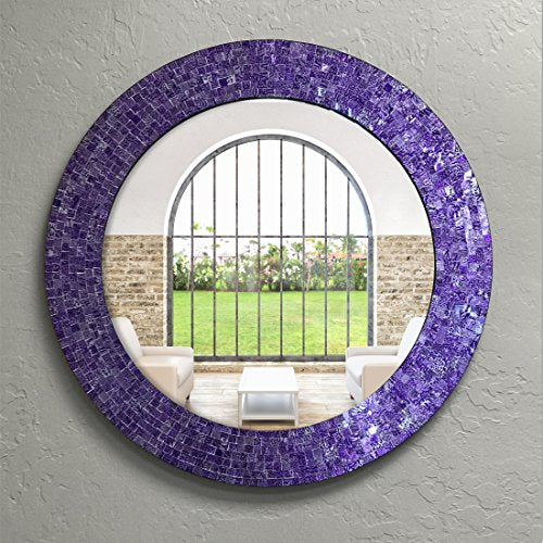 24" Round Rainbow Mosaic Wall Mirror, Multicolor Glass Tile Frame, Bohemian Decorative Accent Mirror for Living Room, Bathroom, Bedroom, Entryway, Wall Mount (MI-8129_Ultra-Violet) - color: Mi-8129_ultra-violet