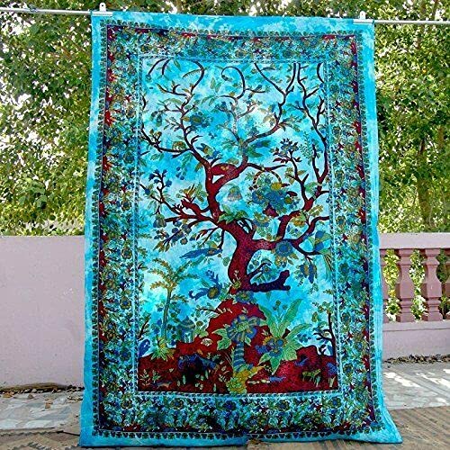Indian Mandala Window Door Curtain Decor Room Wall Drapes Panel Sheer Tourquoise Tree of Life Mandala Bohemian Curtain Set Cotton Window Treatment Door Hanging - color: Turquoise & Green, size: 52"W x 82"L (Pack of 1)