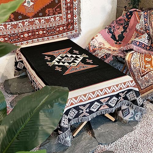 LumiSyne Cotton Woven Throw Blanket With Tassel Bohemian Tribal Ethnic Style Geometric Pattern Aztec Navajo Blanket Decorative Throw For Sofa Bed Armchair Camping Tapestry Tablecloths Carpet 160x130cm - color: Black Diamond