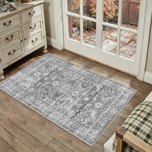 2x3 Entryway Rug Grey Washable Vintage Rugs for Entryway Kitchen Low Pile Non-Slip Door Mat Traditional Distressed Small Throw Rugs for Kitchen Entrance Bathroom - color: Grey, size: 2'*3'(Rectangular)
