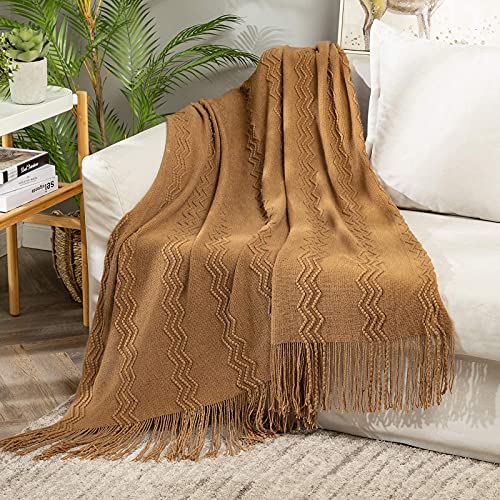 MIULEE Knitted Brown Throw Blanket for Couch,Boho Bed Decor Knit Outdoor Blankets Throw Size with Tassels Cozy Woven for Sofa Home Chair Wave Pattern 50" x 60" Inches - color: Brown, size: 50" x 60"