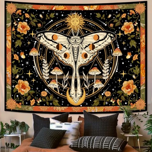 Aipon Orange Moth Tapestry Boho Retro Floral Flowers Tapestries Aesthetic Vintage Mushroom Tapestries for Bedroom Indie Sun Moon Tapestry Wall Hanging for Living Room Dorm (90'' × 68'') - color: Orange1, size: 90"L x 68"W