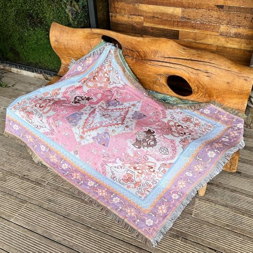 LumiSyne Cotton Woven Throw Blanket With Tassel Bohemian Tribal Ethnic Style Geometric Pattern Aztec Navajo Blanket Decorative Throw For Sofa Bed Armchair Camping Tapestry Tablecloths Carpet 160x130cm - color: Pink Diamond