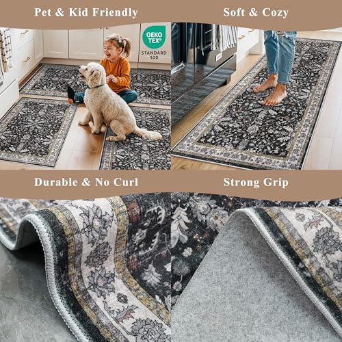 2x3 Rug Non-Slip Washable for Kitchen – Boho Small Throw Rug for Sink & Entryway, Soft Low Pile Thin Indoor Mat for Pet Area & Bathroom (Black, 2x3) - color: Black, size: 2' x 3' (Rectangular)