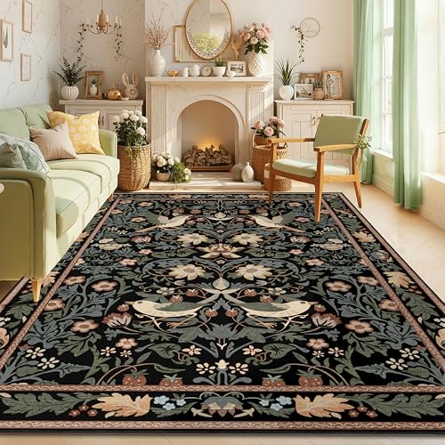 8'x10' Area Rugs Washable,Boho Rug for Living Room Bedroom Dining Room,Large Farmhouse Botanical Bohemian Distressed Oriental Carpet Non Slip,Black Floral Bird - color: Black Floral Bird, size: 8'x10'