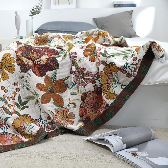 Boho Rustic Throw Blanket,100% Cotton Soft Vintage Bed Throw Blankets Floral Farmhouse Decor Throws,Reversible Throw for Sofa Couch, 60"×80" for All Seasons -White