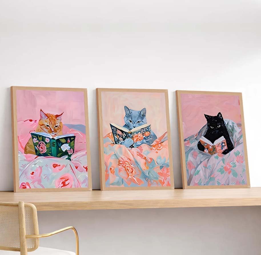 AUROR 3pcsFramed Cute Cat Reading Canvas Wall Art- Fun Whimsical Cat Prints Set -Pink Animal Book Picture Prints Suitable For Children'S Rooms, Girls' Rooms, Living Rooms, And Offices.12x16in - color: Cute pink cat, size: 12x16in
