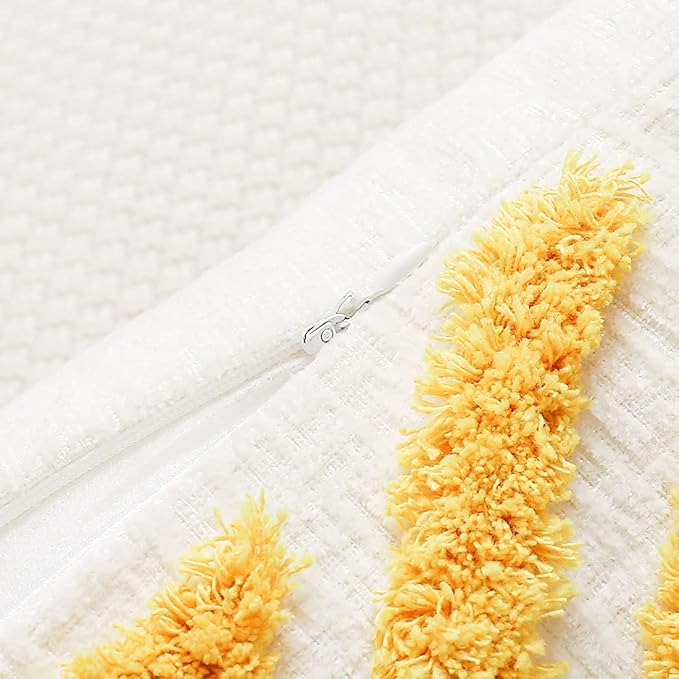 Boho Yellow Throw Pillow Cover 18x18 Inch with Tassels, Geometric Tufted Decorative Cream Chenille Fabric Accent Textured Cushion Case for Bed Couch, 1 PC Cover Only No Insert