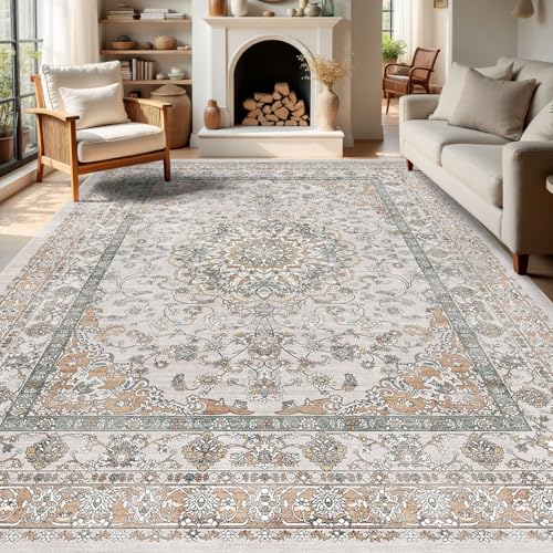 Farmhouse Washable Neutral Area Rugs for Living Room Bedroom Nursery, 8x10 Floral Dining Room Rug Under Table- Oriental Medallion Non Slip & Stain Resistant Carpet, Soft Vintage Mat(Beige & Orange) - color: Beige/Orange/Grey, size: 8' x 10' (Rectangular)