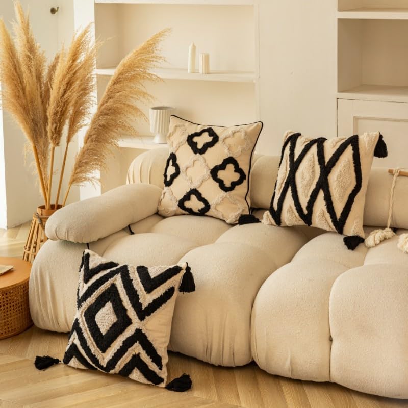 Xiao Hua Boho Tufted Decorative Throw Pillow Cover, Cozy Bohemian Cotton Canvas Cushion Cover Tassels Pillow Case Home Decor 18 * 18inch,02