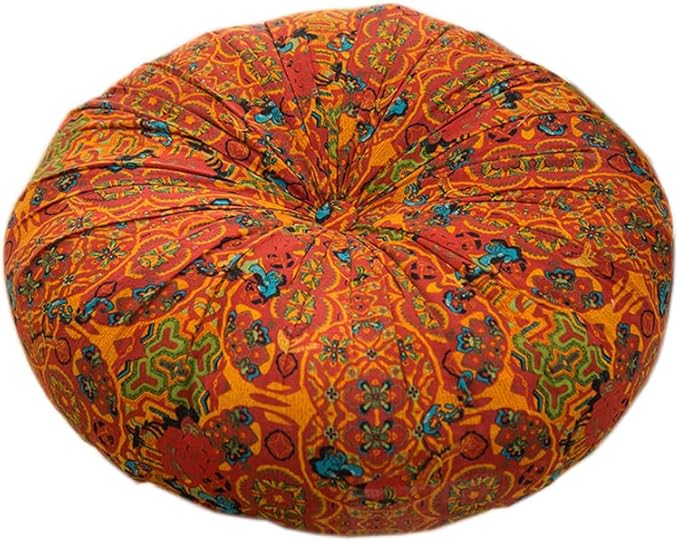 Round Bohemian Floor Pillow, Meditation Floor Seat Cushion, Large Soft Cotton Linen Pillows for Yoga Living Room Balcony Outdoor Tatami, 22x22 Inches (Round Orange)