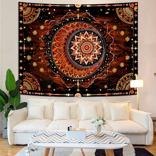 Wegklazax Celestial Mandala Tapestry, Sun Moon Floral Wall Art for Room Decor, Warm Bohemian Mystical Home Decor 90" L x 70" W - color: Red Yellow Black, size: 90"L x 70"W