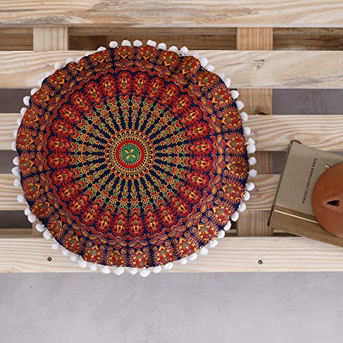 Popular Handicrafts Large Cotton Hippie Floor Pillow Cover - Peacock Decorative Cushion Cover with Pom Poms Soft Particles - Pouf Cover Round Bohemian Yoga Decor Floor Cushion Case- 18" Blue Yellow - color: Blue Yellow, size: 18" x 18" (Pack of 1)