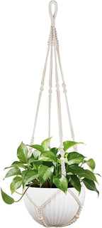 Mkono 43 Inch Macrame Plant Hanger Large for up to 12 Inch Pot Extra Long Hanging Plant Holder No Tassels Hanging Planter Basket with Wood Beads for Indoor Outdoor Boho Home Decor, Ivory