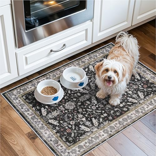 2x3 Rug Non-Slip Washable for Kitchen – Boho Small Throw Rug for Sink & Entryway, Soft Low Pile Thin Indoor Mat for Pet Area & Bathroom (Black, 2x3) - color: Black, size: 2' x 3' (Rectangular)