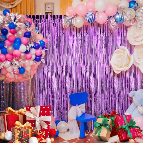 Crosize 2 Pack 3.3 x 9.9 ft Purple Foil Fringe Backdrop Curtain, Tinsel Curtain Streamers for Birthday Bachelorette Valentines Day Graduation Parties - color: Purple, size: 2 Pack