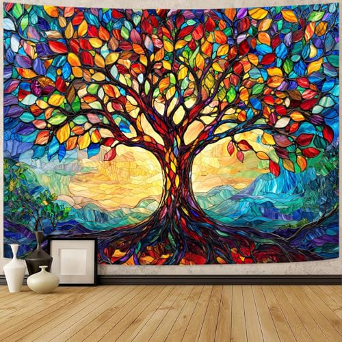 Lunerfex Tree of Life Tapestry Stained Glass Tapestry Wall Decor Tapestries for Bedroom Art Tapestries Wall Hanging for Bedroom Living Room Glass-Tree-01 60"x80" - color: Colorful Blue, size: 80"L x 60"W