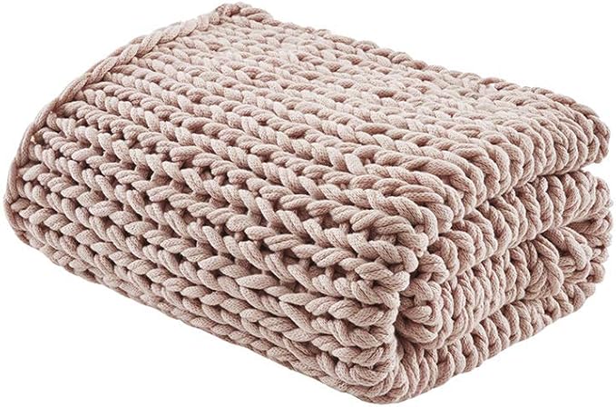 Madison Park Boho Throw Blanket, Soft Handmade Gift Home Decor, Lightweight & Breathable All Seasons Chunky Knit Throw, 50"x60" Blush
