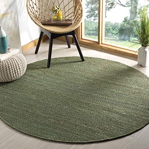 SAFAVIEH Natural Fiber Collection Area Rug - 4' Round, Green, Handmade Boho Fringe Woven Jute, Ideal for High Traffic Areas in Living Room, Bedroom (NF368G)