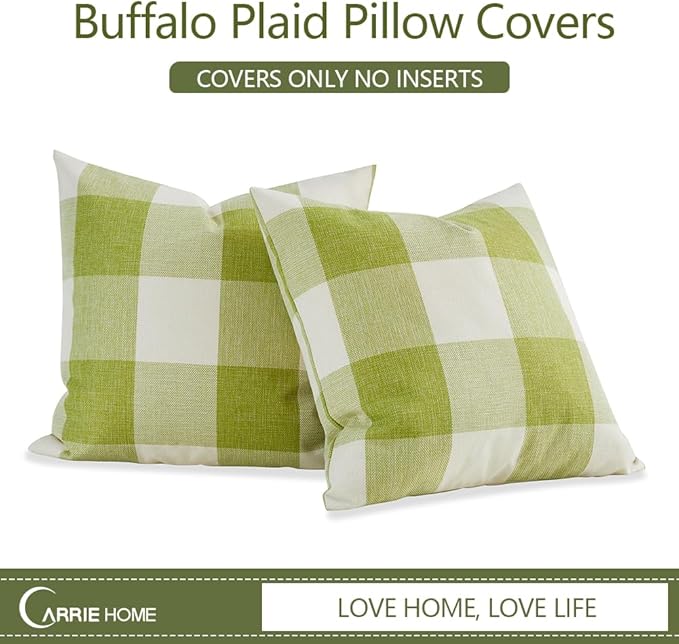 CARRIE HOME Spring Outdoor Green Plaid Pillow Covers 18x18 Set of 2, Green Farmhouse Buffalo Plaid Throw Pillows, Spring Outdoor Front Porch Decor Gingham Pillow Covers (No Pillow Inserts)