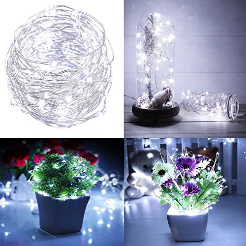 BXROIU 2 x Fairy Lights Battery Operated,Silver Wire Chains 8 Mode 16Ft/5Meter 50 LEDs Timer String Lights with Remote Control for Bedroom Christmas Party Wedding Decoration (Cool White) - color: 2Pack(3AA,not included)Cool White