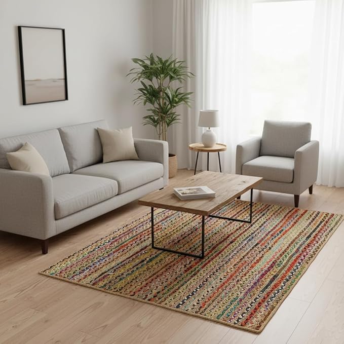 · REDEARTH · Jute Cotton Chindi Area Rug - 4'x6' Rectangular Rug, Handwoven, Non-Shedding, Soft & Durable – Multi Tones for Home Décor in Living Room, Dining Room, Bedroom, Set of 2
