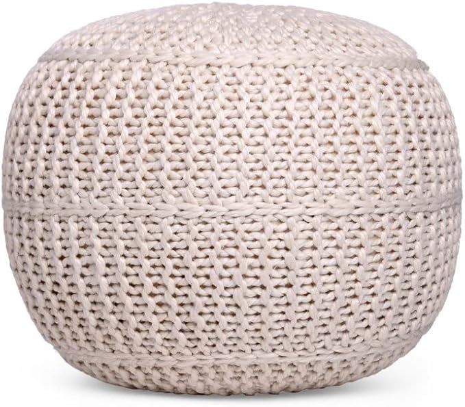 BIRDROCK HOME Round Pouf Foot Stool Ottoman - Knit Bean Bag Floor Chair - Cotton Braided Cord - Great for The Living Room, Bedroom and Kids Room - Small Furniture (Light Natural)