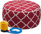 Outdoor/Indoor Inflatable Ottoman Pouf D20 xH9, All Weather Round Footstool with Foot Pump, Water Repellent Portable Footrest with Handle for Patio Garden Camping Travel-Red Geometry