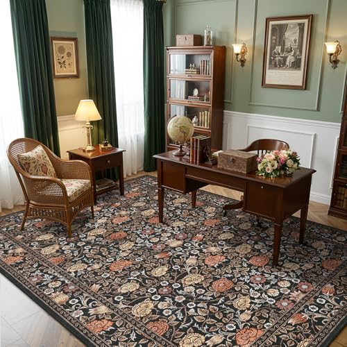 GarveeHome Brown Vintage Floral Washable Rugs 5x7 for Living Room Black Boho Botanical Retro Rug Low Pile Stain Resistance Non Slip Carpet for Bedroom Nursery Dining Room - color: A Brown / Black, size: 5' x 7' (Rectangular)