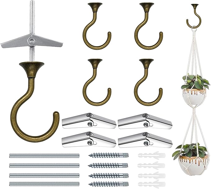 4 Sets Heavy Duty Swag Ceiling Hooks with Hardware for Hanging Plants, Cavity Wall Fixing, Easy Installation, Holds Up to 30lbs, Ideal for Home & Garden (4 Sets, Antique Brass)