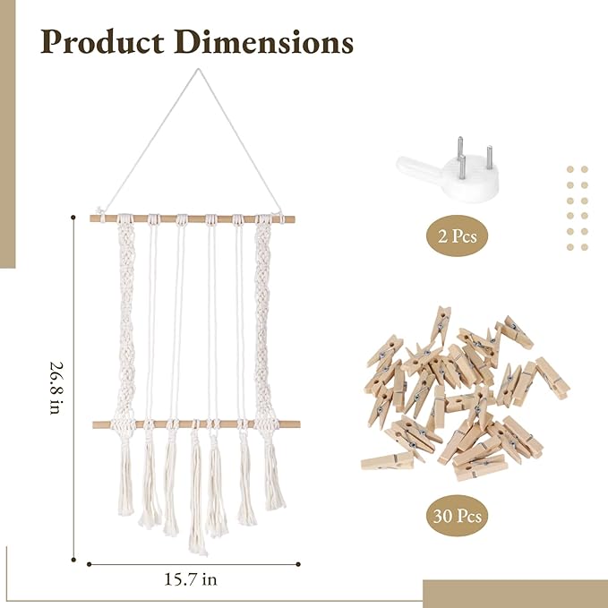 Joyibay Macrame Hanging Photo Display, Boho Wall Decor with Tassel Design, Includes 30 Wood Clips, Picture Card Holder for Room Bedroom Dorm Decoration, Ideal Teenage Christmas Birthday Gifts