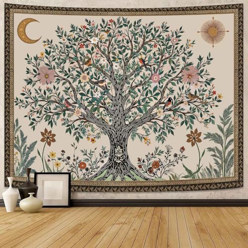 Spenlife Tree of Life Tapestry, Whimsical Floral Tapestries for Bedroom, Cottagecore Wall Decor, Nature Tapestries (60" x 44") - color: Green Ivory, size: 60"L x 44"W