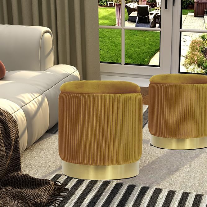 Round Set of 2 Velvet Ottoman with Storage,Round Yellow Storage Ottoman for Living Room or Dorm, Vanity Stool Chair for Bedroom