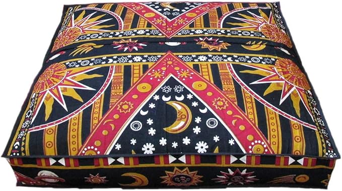 ICC Large Square Floor Pillow Cover Hippie Ottoman Pouf Cover Daybed Cotton Mandala Cushion Cover with Heavy Duty Zipper Seating Ottoman Poufs Dog-Pets Bed (Yellow Burning Sun, 35" Square)