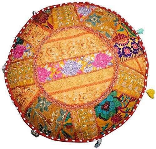 Aakriti Gallery Indian Pouf Footstool Ethnic Embroidered Pouf Cover, Indian Cotton Round Pouffe Ottoman Pouf Cover Pillow Ethnic Decor Art - Cover Only (Orange, 18x13)