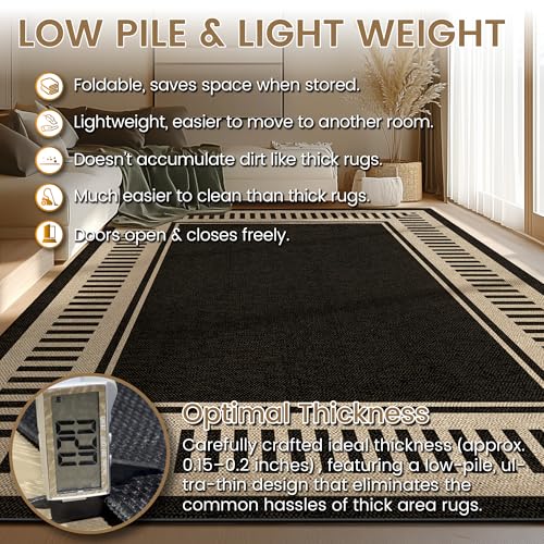 Washable Striped Easy Jute Rug 5x7, Modern Geometric Outdoor Indoor Patio Farmhouse Large Bordered Rugs, Woven Non Slip Thin Carpet Mat for Living Dining Room Bedroom Classroom Kids Nursery - color: Striped Black, size: 5' x 7'