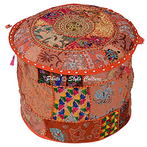 Indian Round 18" Patchwork Embroidered Ottoman Stool Pouf Cover Cotton Orange Floral Furniture Living Room Pouffe Bean Bag Home Decor - color: Orange