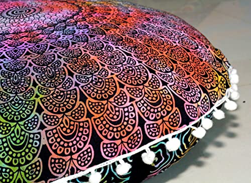 Round Mandala Floor Pillow Cover Seating Cushion Throw Cover Hippie Decorative Bohemian Ottoman Pouf Cover, Pom Pom Pillow Cases,Boho Indian 22 Inches (Multi Peacock) - color: Multi Peacock