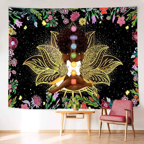Ine Ive African Chakra Tapestry African American Woman Zen Meditation Tapestries 93x71 Inch Starry Sky Flower Garden Inspirational Afro Yoga Wall Poster for Bedroom Dorm Decor - size: 93"L x 71"W