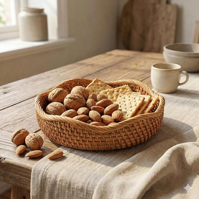 8.7” Small Basket Wicker, Rattan Serving Bowl Bowls, Small Decorative Tray, Natural Handwoven Basket, Entryway Nightstand Dining Room Kitchen Counter Table Coffee Organizing Snack Pastries Jewry