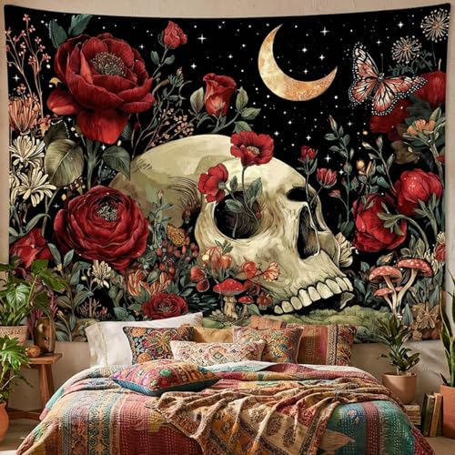 Lifeel Gothic Skull Tapestry, Gothic Hippie Mushroom Flower Aesthetics Moon Tapestries for Room Decor, 60x80 inches - color: Red, size: 80"L x 60"W